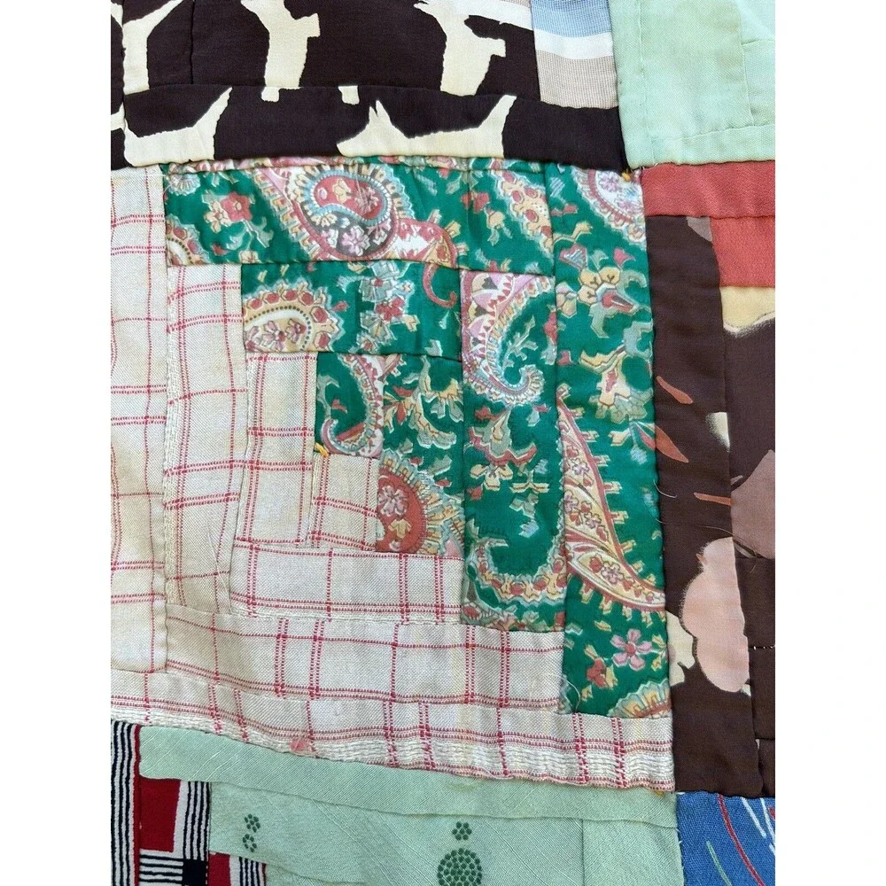 Antique Log Cabin In Rows Quilt Hand Pieced Hand Tied 1930s 40s Silk Rayon